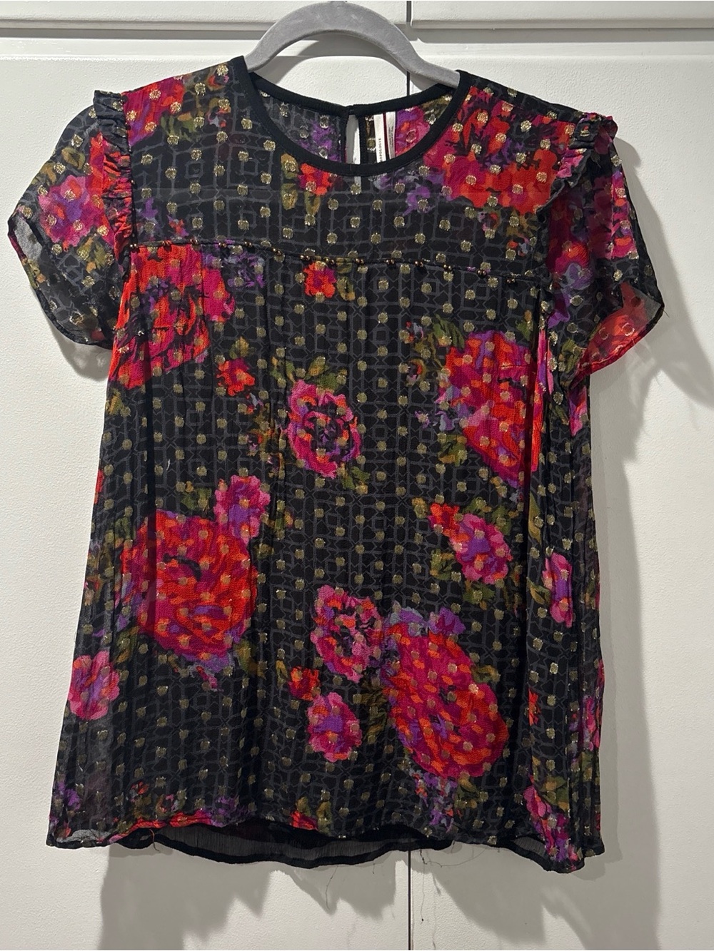 By Anthropologie Floral Short Sleeve Blouse - Black with Red and Pink Floral 6